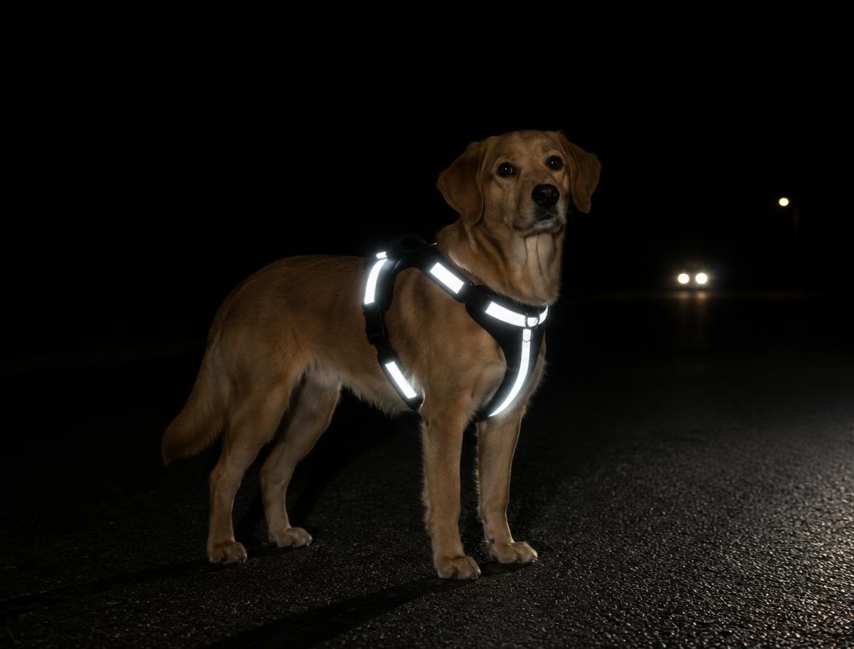 Perro con arnés reflectante visible de noche ante los faros de un coche