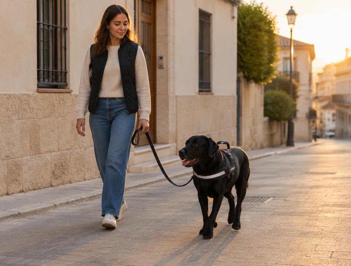 Persona paseando a su perro con la correa relajada
